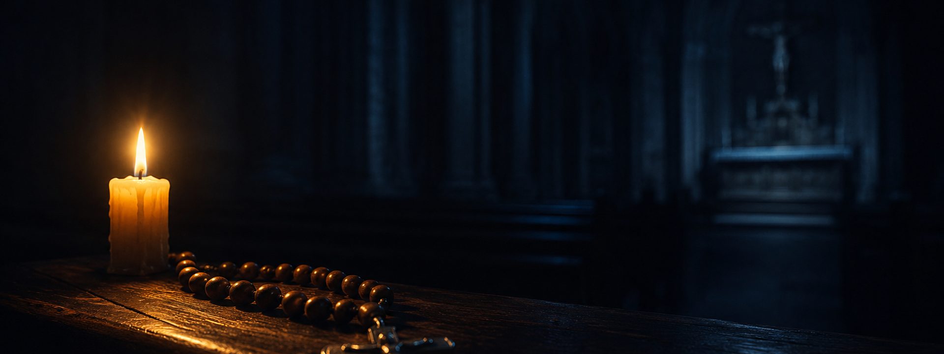 A single lit candle and wooden rosary on a dark oak pew in a cathedral at night