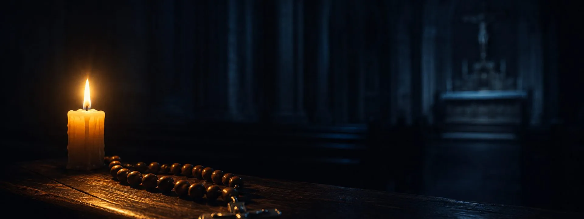 A single lit candle and wooden rosary on a dark oak pew in a cathedral at night