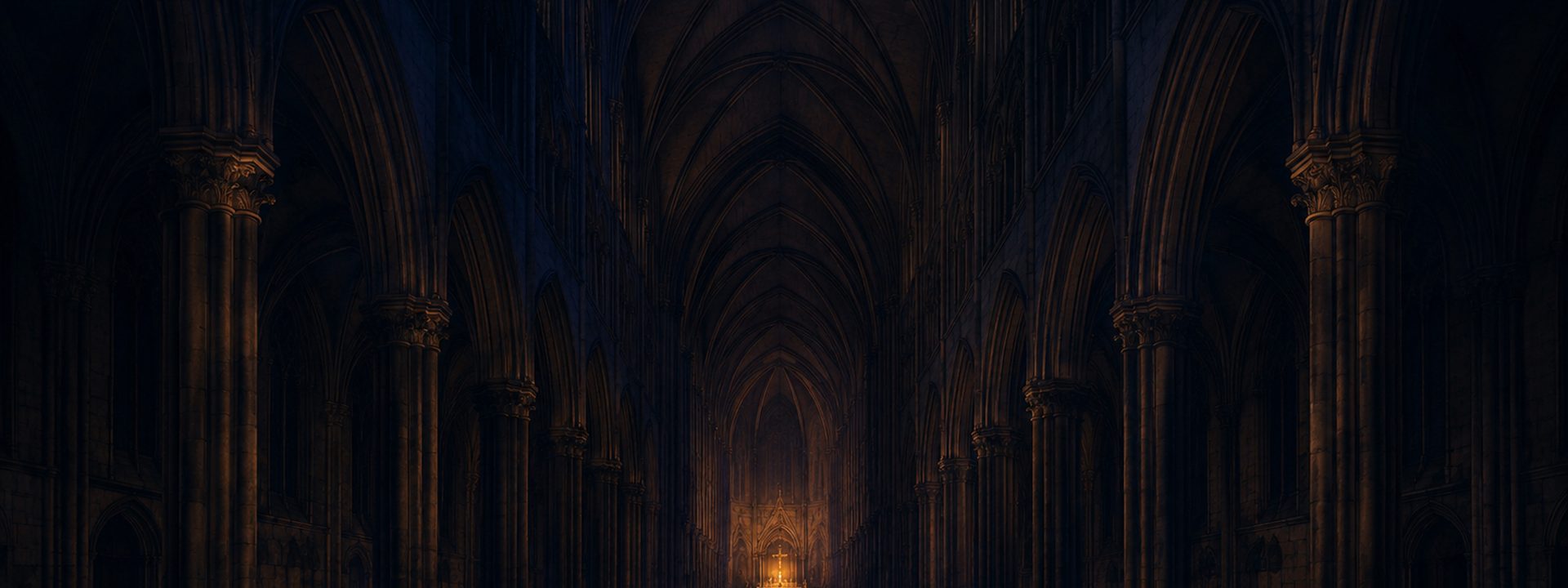 Gothic Catholic cathedral nave with arches receding toward a distant amber sanctuary glow