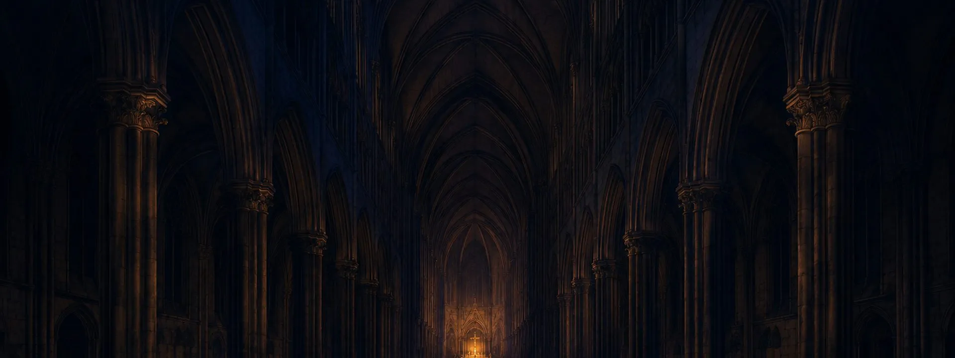 Gothic Catholic cathedral nave with arches receding toward a distant amber sanctuary glow