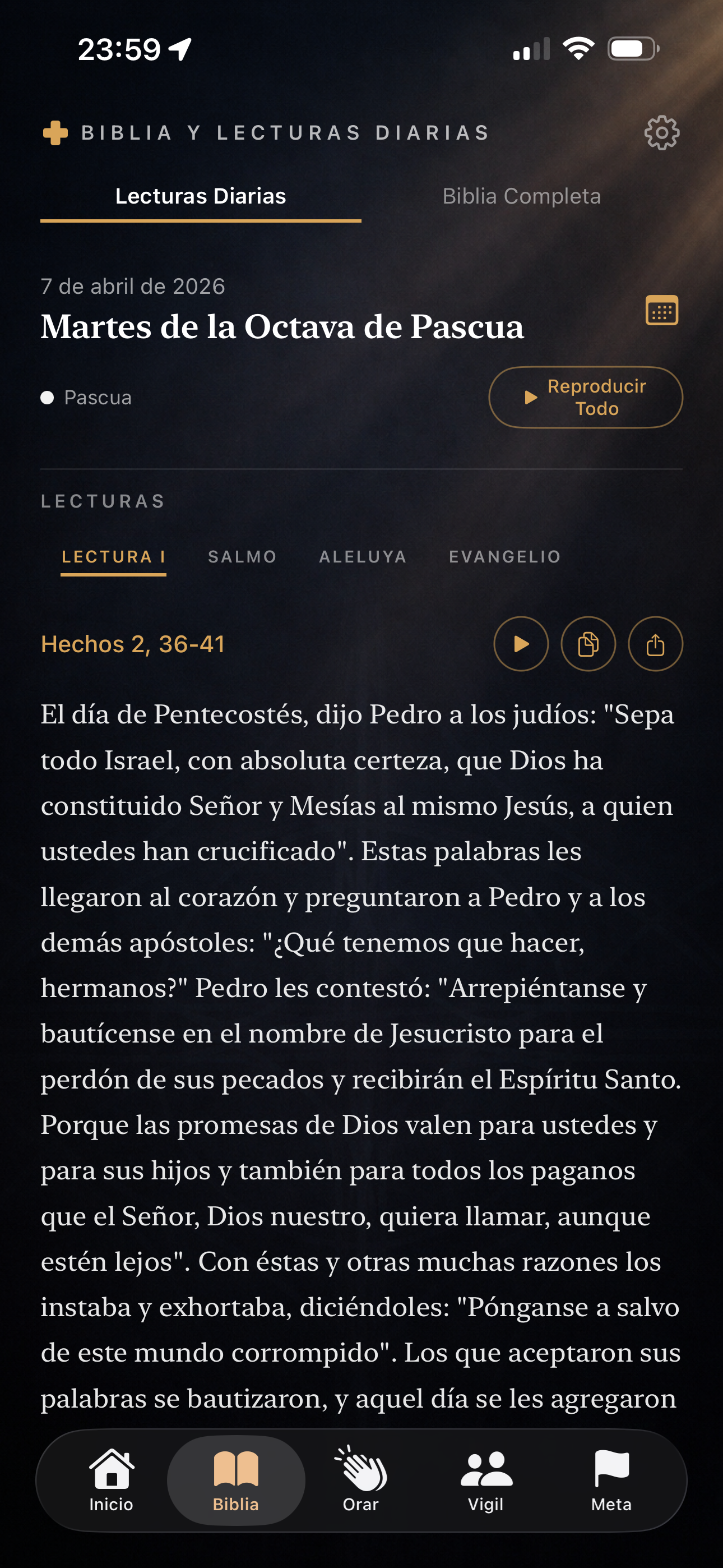 Pantalla de la Lectura del día